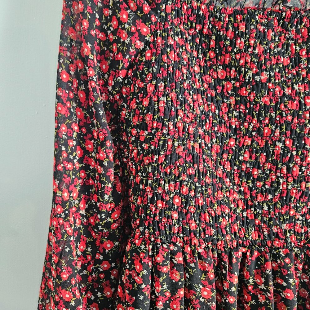 Lily Rose Smocked Black Red Floral Small Mini Dress - Picture 5 of 12